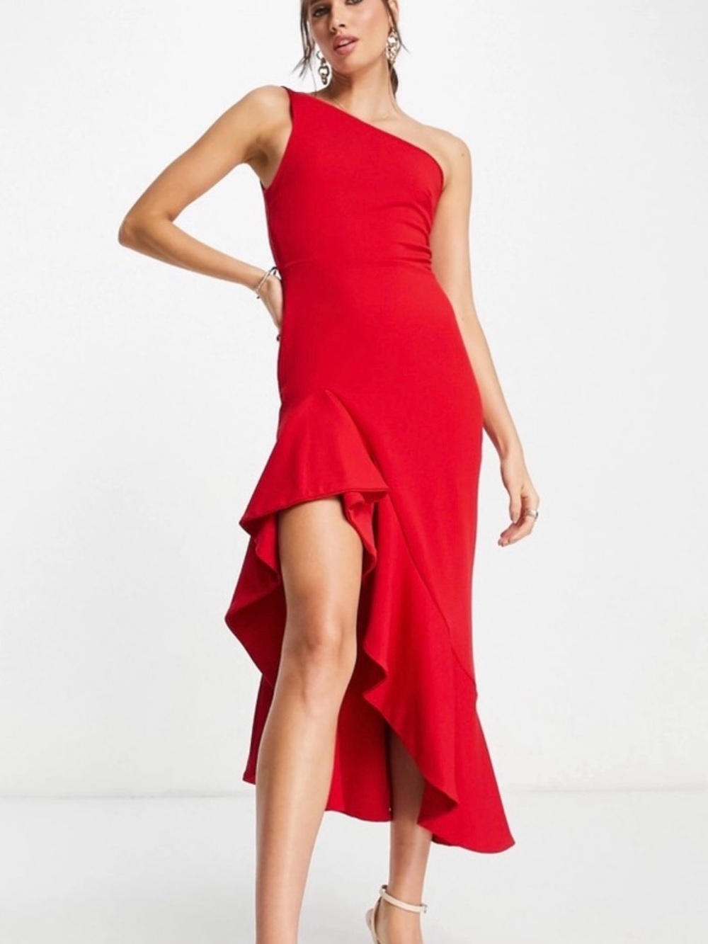 Asymmetric One-Shoulder Red Ruffle Midi Dress